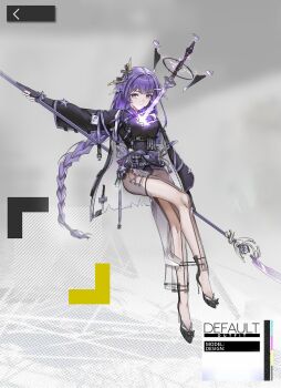 1girl absurdres alternate_costume alternate_universe arknights braid chinese_commentary closed_mouth commentary_request crossed_legs crossover drawing_sword electricity english_text engulfing_lightning_(genshin_impact) floating full_body genshin_impact glowing glowing_sword glowing_weapon grey_background hair_ornament highres holding holding_sword holding_weapon human_scabbard katana kelun long_braid long_sleeves mole mole_under_eye musou_isshin_(genshin_impact) purple_eyes purple_hair raiden_shogun reference_sheet see-through_clothes side_slit single_braid skirt solo sword sword_between_breasts weapon wide_sleeves