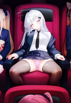 absurdres ahoge black_necktie black_thighhighs blush cameltoe closed_eyes collared_shirt commentary food hair_ornament heart heart_ahoge highres jacket long_sleeves movie_theater multiple_girls necktie niliu_chahui original panties pantyshot parted_lips pink_panties pleated_skirt popcorn shirt sitting skirt spread_legs symbol-only_commentary thighhighs underwear white_hair white_shirt