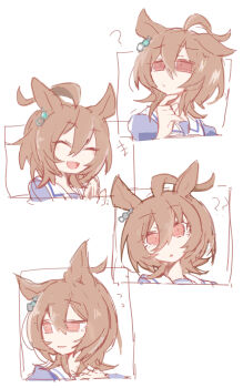 Rule 34 | +++, 1girl, :d, :o, ?, ??, ^ ^, agnes tachyon (umamusume), ahoge, animal ears, beer hsk, blue shirt, brown hair, closed eyes, closed mouth, commentary request, flying sweatdrops, hair between eyes, hand up, highres, horse ears, multiple views, open mouth, parted lips, puffy sleeves, red eyes, school uniform, shirt, smile, tracen school uniform, umamusume, white background