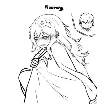 1boy 1girl bite_mark bleeding blood blood_on_face blush bruise coat coat_on_shoulders commander_(nikke) embarrassed faceless faceless_male full-face_blush goddess_of_victory:_nikke hair_ornament hiding highres injury jacket long_hair messy_hair military_jacket military_uniform noorung nosebleed sharp_teeth teeth white_coat yulha_(nikke)