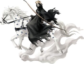 1boy absurdres animal arrow_(projectile) black_cloak blue_eyes bow_(weapon) bridle cloak crown demon_(megami_tensei) extra_eyes fog full_body hair_over_eyes highres holding holding_bow_(weapon) holding_weapon hood hooves horse horseback_riding kazuma_kaneko male_focus mane official_art pale_skin quiver riding scan shin_megami_tensei shin_megami_tensei_iii:_nocturne skeleton skull tail third-party_source transparent_background weapon white_rider_(megami_tensei)
