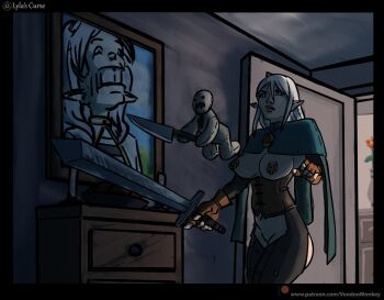 backless_pants breast_cutout breasts chaps clothing_cutout commentary corset elf english_commentary exposed_clothing fingerless_gloves frieren gloves grey_hair highres holding holding_knife holding_sword holding_weapon knife lyla_ailwind lylas_curse nipple_piercing nipple_rings original pants piercing pointy_ears sword voodoo_monkey weapon