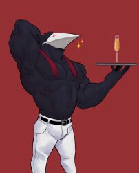 Rule 34 | 1boy, 9klipse, abs, arm behind back, bara, belt, bird boy, bird mask, black belt, champagne flute, commentary, cup, deltarune, drinking glass, english commentary, feathers, furry, furry male, highres, holding, holding tray, male focus, mask, necktie, pants, pectorals, red background, red necktie, sparkle, swatchling (deltarune), topless male, tray, undone necktie, white pants