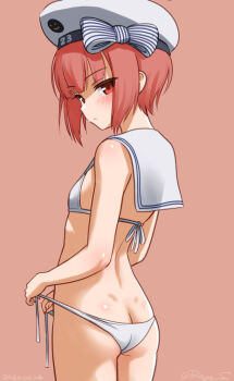 1girl ass bikini breasts brown_background brown_hair butt_crack dated hat kantai_collection loli looking_at_viewer looking_back lowleg lowleg_bikini one-hour_drawing_challenge ray.s red_eyes sailor_bikini sailor_collar sailor_hat short_hair side-tie_bikini_bottom small_breasts solo swimsuit twitter_username tying white_bikini white_hat z3_max_schultz_(kancolle) z3_max_schultz_(swimsuit)_(kancolle)