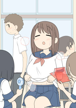 2boys 3girls black_hair blush breasts brown_hair classroom closed_eyes clothes_lift commentary_request eavesdropping electric_fan fanning_breasts hot juukyuu large_breasts long_hair multiple_boys multiple_girls navel original pleated_skirt sailor_collar school_uniform serafuku shirt_lift short_hair skirt solid_oval_eyes steaming_body sweatdrop