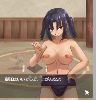 1girl artist_request bandages breasts large_breasts looking_at_viewer pasties smile teeth third-party_edit