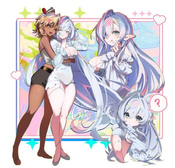 2girls :o ? absurdres bare_shoulders blonde_hair blush cherry_ornament chibi commission dark-skinned_female dark_skin dress earrings full_body green_eyes grey_hair highres hug hug_from_behind jewelry lar long_hair multiple_girls one_eye_closed pink_eyes pointy_ears shoers signature simple_feet sketch sleeves_past_wrists smile teaw_milk vgen_commission yuri