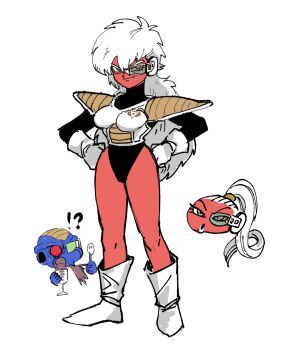 !? 1boy 2girls armor black_leotard bonyu boots breasts burter colored_skin dancho_no_mori dragon_ball dragonball_z full_body genderswap genderswap_(mtf) ginyu_force gloves green_eyes hands_on_own_hips high_ponytail highres jeice large_breasts leotard long_hair long_sleeves multiple_girls ponytail red_skin saiyan_armor scouter shoulder_armor smile solo spit_take spitting standing white_armor white_boots white_gloves