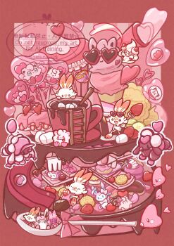 Rule 34 | alcremie, alcremie (strawberry sweet), alternate color, aqua eyes, balloon, border, bow, box, cake, cherry, chocolate, clefairy, commentary, cookie, cup, donut, eating, english commentary, food, fork, fruit, furfrou, furfrou (heart), furfrou (matron), gashapon, gen 1 pokemon, gen 3 pokemon, gen 6 pokemon, gen 8 pokemon, gokuaku rabbit, heart, highres, holding, ice cream, jigglypuff, ladder, luvdisc, macaron, marshmallow, mug, nintendo, orange eyes, pink background, pokemon, pokemon (creature), pokemon focus, red border, scorbunny, shiny pokemon, sinistea, skitty, slide, spoon, sprinkles, strawberry, sunglasses, swirlix, sylveon, tinkaton, valentine, whipped cream, wigglytuff