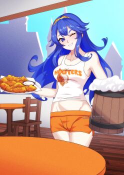 1girl absurdres alcohol beer beer_mug blue_eyes blue_hair chair commentary commission cup employee_uniform english_commentary fire_emblem fire_emblem_awakening highres hooters indoors lucina_(fire_emblem) mug nintendo no_legwear onion_rings orange_shorts print_tank_top shorts table tank_top vekneim vgen_commission waitress