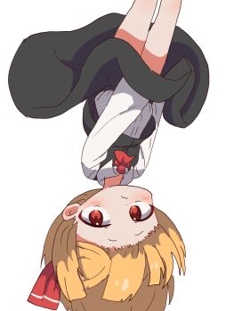 1girl ascot black_skirt black_vest blonde_hair blush commentary embarrassed frown hair_ribbon highres korean_commentary long_sleeves magg_(user_mtca8588) medium_hair red_ascot red_eyes ribbon rumia shirt skirt skirt_tug solo thighs touhou upside-down vest white_background white_shirt