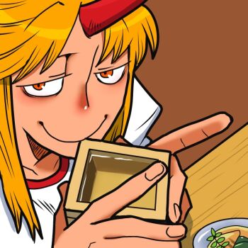 1girl alcohol blonde_hair brown_background closed_mouth commentary_request cone_horns cup dutch_angle food half-closed_eyes holding holding_cup horns hoshiguma_yuugi long_hair looking_at_viewer masu onikobe_rin orange_eyes parted_bangs red_horns sake shirt single_horn smile solo touhou white_shirt