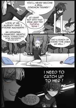 2girls 5boys absurdres ahoge belt black_shirt blue_hairband body_freckles couch english_text erika_(popopoka) freckles frown gen_1_pokemon gen_5_pokemon hairband highres long_hair long_sleeves machamp meme multiple_boys multiple_girls muscular muscular_male nintendo original pants pillow pokemon pokemon_(creature) popopoka scar scar_on_leg shirt short_hair short_sleeves sophie_(popopoka) speech_bubble sweatdrop tepig