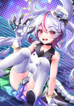 1girl black_choker boots choker claw_(weapon) duel_masters gloves gradient_clothes grey_hair hat highres horns idol_clothes kouchi_no_chouten_radio_roses long_hair mini_hat mini_top_hat multicolored_hair musan_(mu34mi) open_mouth red_eyes red_hair sitting solo stage tail teeth thigh_boots top_hat twintails weapon white_gloves white_hat white_horns