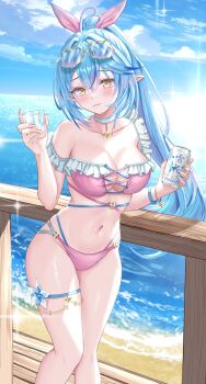 Rule 34 | 1girl, ;d, absurdres, ahoge, alternate costume, alternate hairstyle, bare shoulders, beach, beer can, bikini, blue hair, blue sky, bow, breasts, can, choker, cloud, cloudy sky, collarbone, colored tips, commentary request, corrupted twitter file, crossed bangs, cup, drink can, elf, erin (sherryseraph), eyewear on head, flower, frilled bikini, frills, furrowed brow, glasses, hair between eyes, hair bow, heart, heart ahoge, high ponytail, highres, holding, holding can, holding cup, hololive, horizon, large breasts, long hair, looking at viewer, multicolored hair, navel, ocean, one eye closed, open mouth, outdoors, pendant choker, pink bikini, pink bow, pointy ears, ponytail, railing, sidelocks, single off shoulder, sky, smile, solo, spaghetti strap, sparkle, sparkling aura, streaked hair, sun, swimsuit, teeth, thigh strap, upper teeth only, very long hair, virtual youtuber, white choker, white flower, wooden floor, wooden railing, yellow-framed eyewear, yellow eyes, yukihana lamy
