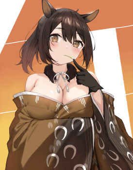1girl animal_ears black_gloves blush breasts brown_eyes brown_hair brown_kimono cccpo chinese_zodiac cleavage closed_mouth commentary_request gloves horse_ears japanese_clothes kimono large_breasts long_sleeves looking_at_viewer mouth_hold off_shoulder original ponytail solo stalk_in_mouth upper_body wide_sleeves year_of_the_horse