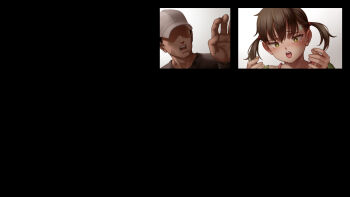 Rule 34 | 1boy, 1girl, as109, blush, brown hair, green eyes, hair ornament, highres, long hair, looking at viewer, open mouth, original, twintails