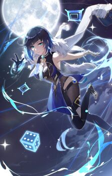1girl absurdres asymmetrical_gloves black_gloves black_hair blue_dress blue_hair bodysuit bracelet breasts diagonal_bangs dice dress earrings full_moon fur-trimmed_jacket fur_trim genshin_impact gloves green_eyes high_heels highres jacket jacket_on_shoulders jewelry looking_at_viewer mismatched_gloves mole mole_on_breast moon multicolored_hair night short_hair sky smile solo sparkle tassel vision_(genshin_impact) white_gloves white_jacket yelan_(genshin_impact) yimi_(jwee7342)