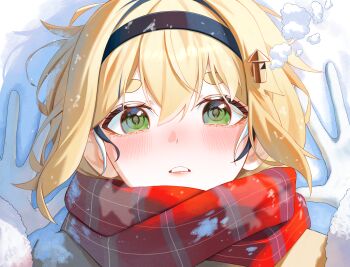 1girl absurdres black_hair black_hairband blonde_hair blush commentary dooby double-parted_bangs english_commentary gloves green_eyes hair_between_eyes hairband highres indie_virtual_youtuber looking_at_viewer lying multicolored_hair on_back original parted_lips plaid_clothes plaid_scarf pov pov_hands red_scarf scarf short_hair snow solo streaked_hair virtual_youtuber white_gloves yubbiidraw