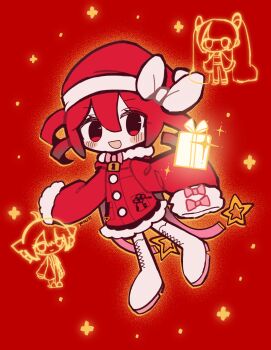 1girl boots chibi chibi_only christmas drill_hair full_body gift hat highres jacket kasane_teto long_sleeves looking_at_viewer open_mouth red_background red_eyes red_hair red_hat red_jacket santa_hat sleeves_past_fingers sleeves_past_wrists smile solo twin_drills utau white_boots yasai31
