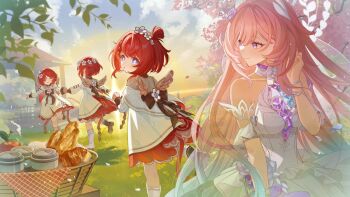4girls bare_shoulders blue_eyes camunekoz cross-shaped_pupils cyrene_(honkai:_star_rail) cyrene_(ripples_of_past_reverie)_(honkai:_star_rail) diamond-shaped_pupils diamond_(shape) dress flower grass greco-roman_clothes hair_flower hair_ornament honkai:_star_rail honkai_(series) long_hair multiple_girls pink_hair pointy_ears purple_eyes red_hair short_hair smile symbol-shaped_pupils trianne_(honkai:_star_rail) tribbie_(honkai:_star_rail) trinnon_(honkai:_star_rail) triplets very_long_hair white_dress winged_boots wings