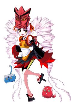 1girl :d absurdly_long_hair bandaid bandaid_on_leg bare_shoulders bike_shorts black_dress black_sandals black_shorts black_sleeves blush detached_sleeves dress drill_hair fang full_body geta hair_ribbon hands_up japanese_clothes kimono kimono_dress long_hair long_sleeves looking_at_viewer mask mask_on_head multicolored_dress multiple_others official_art onikko_hunter_tsuina-chan oohenri_saki open_mouth orange_dress orange_eyes parted_bangs pointy_ears red_dress red_mask red_ribbon red_sleeves ribbon sandals sash shorts skin_fang sleeveless sleeveless_dress sleeves_past_fingers sleeves_past_wrists smile standing standing_on_one_leg stuffed_animal stuffed_cat stuffed_toy tengu-geta tsuina-chan twin_drills very_long_hair white_hair white_sash