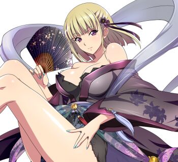 blonde_hair breasts hair_ornament ikkitousen japanese_clothes kimono kuroyuri large_breasts non-web_source purple_eyes