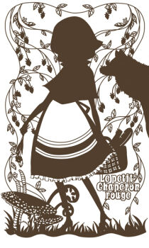 1girl alcohol apron basket big_bad_wolf bread commentary_request flower food french_text fruit grass holding holding_flower leaf little_red_riding_hood_(fairy_tale) little_red_riding_hood_(fairy_tale_character) mushroom outdoors paper_cutout_(medium) papercraft_(medium) plant poo72 red_wine silhouette simple_background strawberry unconventional_media vines wine wolf