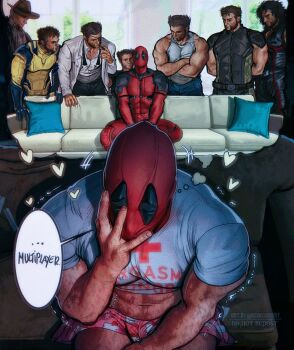2boys artist_name black_hair black_shorts blush bodysuit crossed_legs deadpool deadpool_&amp;_wolverine deadpool_(series) english_text eyepatch facial_hair grey_shirt highres jacket male_focus marvel marvel mask meme multiple_boys multiple_persona one_eye_covered open_clothes open_jacket piper_perri_surrounded_(meme) shirt short_hair shorts sideburns sitting tank_top thick_thighs thighs twitter_username umikochannart white_jacket white_shirt white_tank_top wolverine_(x-men) yaoi yellow_bodysuit