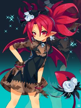 1girl black_dress blush child commentary demon_girl demon_tail disgaea disgaea_rpg dress earrings etna_(disgaea) flat_chest flower gloves hair_flower hair_ornament highres jewelry kuro_(user_uwrm3742) lace lace_dress lace_gloves looking_at_viewer pointy_ears red_eyes red_hair rose skull_choker smile tail tail_flower tail_ornament white_flower white_rose zoom_layer