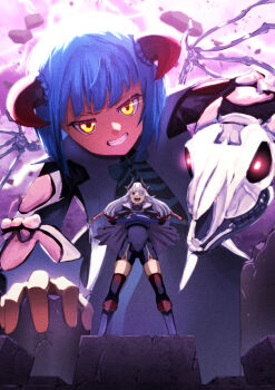 2girls black_cape blue_eyes blue_hair boots braid bungo_yayoi cape crossed_arms demon_horns destruction evil_smile full_body giant gloves glowing glowing_eyes grey_cape grey_hair grin heaven_burns_red horns joints long_hair long_sleeves looking_at_viewer multiple_girls open_mouth red_eyes short_hair skeleton skull smile standing teeth thighhighs user_xvxh2273 white_hair wings yamawaki_bon_ivar yellow_eyes