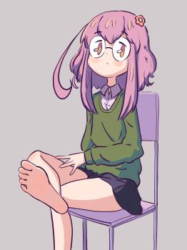 1girl barefoot blush brown_eyes crossed_legs feet glasses highres leims_(urje8584) long_hair looking_at_viewer original pink_hair round_eyewear sitting soles toes