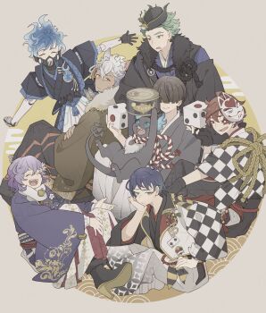 Rule 34 | 6+boys, :>, :/, :d, ^ ^, ace trappola, ace trappola (new year's attire), animal ears, antenna hair, asa no ha (pattern), award ribbon, black gloves, black hakama, black hat, black kimono, blue eyes, blue hair, blunt bangs, blush stickers, boots, border, bowl cut, brown hair, brown kimono, cable, canned tuna, cat, checkered clothes, checkered kimono, choppy bangs, closed eyes, clothing cutout, crossed arms, dark-skinned male, dark skin, deuce spade, deuce spade (new year's attire), dice, egasumi, elbow on knee, epel felmier, epel felmier (new year's attire), expressionless, facial hair, fiery hair, fingerless gloves, floral print, floral print kimono, flower, frown, full body, fur-trimmed boots, fur scarf, fur trim, furrowed brow, garrison cap, gloves, gold trim, green eyes, green hair, green trim, grey background, grey kimono, grim (twisted wonderland), hair between eyes, hair flower, hair ornament, hair over eyes, hair slicked back, hakama, hand on own hip, hand on own knee, hat, hat pin, head on hand, head rest, high heel boots, high heels, highres, hip vent, holding, holding dice, jack howl, jack howl (new year's attire), japanese clothes, joints, juban, kariginu, kimono, knees up, kouhaku nawa, lapels, looking at another, looking at viewer, looking back, male focus, mask, mask on head, multiple boys, night raven college first years, obi, obiage, obijime, open mouth, orange hair, ortho shroud, ortho shroud (new year's gear), outstretched arms, pale skin, pawpads, print hakama, print kimono, purple hair, purple kimono, raised eyebrows, raised inner eyebrows, rantatta, red eyes, respirator, robot joints, rope, round border, sash, scarf, sebek zigvolt, sebek zigvolt (new year's attire), seigaiha, shimenawa, shirt, shirt under kimono, short hair, sideways glance, simple background, sitting, smile, swept bangs, twisted wonderland, very short hair, wavy hair, white hair, white hakama, white scarf, white shirt, wolf boy, wolf ears, yellow eyes, yuu (twisted wonderland)