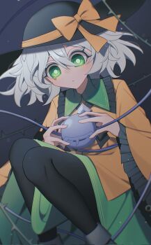 Rule 34 | 1girl, black hat, black pantyhose, black trim, bow, brooch, closed mouth, commentary request, corrupted twitter file, diamond brooch, eyeball, feet out of frame, frilled sleeves, frills, green eyes, green hair, green sailor collar, green skirt, hair between eyes, hat, hat bow, highres, holding, holding eyeball, jewelry, knees together feet apart, komeiji koishi, legs up, long sleeves, looking at object, medium hair, nununu 1113, pantyhose, plant, sailor collar, shirt, skirt, solo, third eye, touhou, vines, wide sleeves, yellow bow, yellow shirt