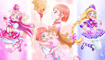 2girls :3 :d ;d ^_^ aqua_eyes arched_crown blonde_hair blue_eyes blush blush_stickers boots bow bow_earrings braid bright_pupils brooch brown_fur brown_hair capelet chest_bow closed_eyes closed_mouth clothing_cutout colorful_background commentary cropped_shirt crown cure_friendy cure_wonderful deerstalker dog dress dress_bow dual_persona earrings frilled_wrist_cuffs frills full_body gold_hairband hair_bow hair_ornament hairband hairclip hands_up hat hat_ornament heart heart_brooch heart_hat_ornament hooded_dress hug inukai_iroha inukai_komugi inukai_komugi_(dog) jewelry kakiuchi_itsuki legs_up long_hair looking_at_another looking_at_viewer low_twin_braids magical_girl midair midriff multicolored_hair multicolored_pantyhose multiple_girls multiple_views neck_ribbon one_eye_closed open_mouth orange_hair pact_holder pantyhose papillon_(dog) paw_pose pet petticoat pink_background pink_boots pink_bow pink_crown pink_dress pink_hair pink_pantyhose pink_ribbon pink_wrist_cuffs pouch precure puffy_short_sleeves puffy_sleeves purple_background purple_bow purple_dress purple_eyes purple_hat purple_shoes purple_shorts purple_wrist_cuffs red_eyes ribbon shirt shoes short_hair_with_long_locks short_sleeves shorts shoulder_cutout sleeveless sleeveless_dress smile sparkle sparkle_background striped_bow striped_clothes striped_pantyhose suspender_shorts suspenders thighhighs three-toned_background tilted_headwear twin_braids two-tone_hair two-tone_pantyhose two_side_up very_long_hair white_shirt white_thighhighs wonderful_pact wonderful_precure! wrist_cuffs yellow_pantyhose yellow_pupils zettai_ryouiki