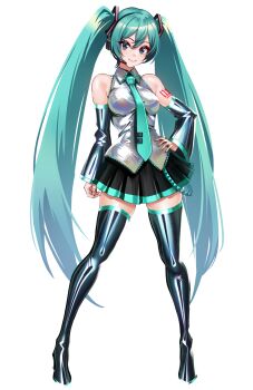 1girl aqua_eyes aqua_hair aqua_necktie bare_shoulders black_sleeves bodysuit boots breasts detached_sleeves full_body grey_shirt hair_between_eyes hair_ornament hatsune_miku headphones headset highres long_hair looking_at_viewer necktie number_tattoo shirt simple_background skirt sleeveless sleeveless_shirt smile solo tattoo thigh_boots thighhighs twintails very_long_hair vocaloid volyz