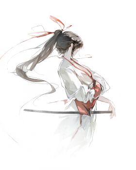 1girl absurdres breasts brown_hair covered_eyes cropped_legs floating_hair from_side hair_over_eyes hair_ribbon hakama hakama_skirt high_ponytail highres japanese_clothes jigokuraku kanji_(nievart) katana kimono long_hair medium_breasts obi ponytail profile red_ribbon red_sash ribbon sash sheath sheathed skirt solo sword very_long_hair weapon white_hakama white_kimono yamada_asaemon_sagiri