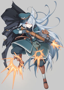 1girl animal_ears bolt_action boots cape casing_ejection firing from_above gloves grey_background gun hair_over_one_eye hat highres holding holding_gun holding_weapon long_hair military_hat military_uniform mosin-nagant muzzle_flash ochiaki original rifle serious shell_casing simple_background solo stuffed_animal stuffed_toy teddy_bear very_long_hair weapon wolf_girl