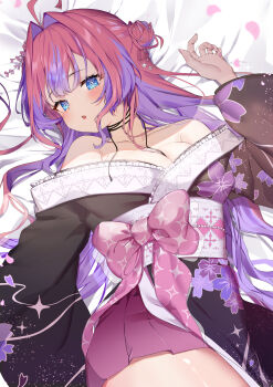 1girl absurdres ahoge black_kimono blue_eyes blush breasts cleavage commentary_request falling_petals floral_print hair_bun hair_intakes highres hololive japanese_clothes kikirara_vivi kikirara_vivi_(new_year) kimono long_hair long_sleeves looking_at_viewer lying mi_kamii2 multicolored_hair off_shoulder official_alternate_costume on_back on_bed open_mouth petals pink_hair pink_petals print_kimono purple_hair solo symbol-shaped_pupils two-tone_hair very_long_hair virtual_youtuber