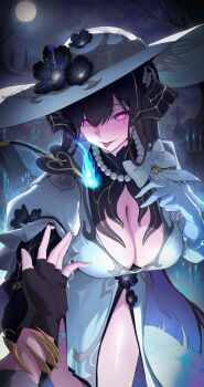 1girl absurdres asymmetrical_gloves bead_necklace beads black_flower black_hair bow breasts candle cho_gum claws cleavage colored_inner_hair demon_horns demon_tail dress fingerless_gloves fire flame-tipped_tail flower full_moon gloves graveyard hashtag-only_commentary hat highres holding_another's_wrist honkai:_star_rail honkai_(series) horns jewelry large_breasts long_hair mismatched_gloves mole mole_under_eye moon multicolored_hair necklace night official_alternate_eye_color pelvic_curtain pink_hair tail the_dahlia_(honkai:_star_rail) thighs tongue tongue_out very_long_hair white_dress