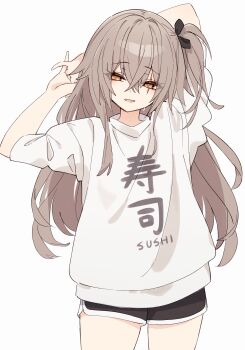 1girl absurdres alternate_costume arms_behind_head black_bow black_ribbon black_shorts blush bow brown_eyes brown_hair commentary_request cowboy_shot crossed_bangs diieru dolphin_shorts girls&#039;_frontline hair_between_eyes hair_bow hair_ribbon highres long_hair looking_at_viewer one_side_up open_mouth print_sweater ribbon scar scar_across_eye scar_on_face short_shorts short_sleeves shorts sidelocks simple_background solo standing sweat sweater thighhighs ump45_(girls&#039;_frontline) white_background white_sweater