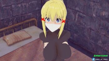 1girl 3d animated animated_gif bdsm blonde_hair blush bondage bound breasts darkness_(konosuba) female_focus hair_ornament koikatsu_(medium) kono_subarashii_sekai_ni_shukufuku_wo! large_breasts long_hair looking_at_viewer ponytail shepirotcloud solo torn_clothes x_hair_ornament