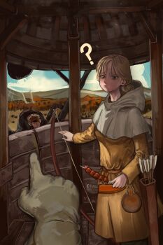 1girl 1other :t ? absurdres arrow_(projectile) blonde_hair bow_(weapon) brown_eyes capelet commentary dress eating english_commentary food gloves grey_gloves highres holding holding_skewer hood hood_down hooded_capelet kkghost_tv knife meat medieval monster original pointing pov pov_hands quiver sheath sheathed shish_kebab skewer teeth weapon white_capelet yellow_dress