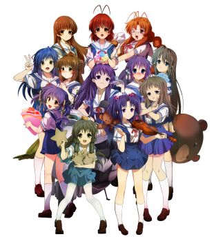 Rule 34 | 1boy, 6+girls, absurdres, antenna hair, bespectacled, blue eyes, blue hair, blue skirt, blush, brown eyes, brown footwear, brown hair, clannad, closed mouth, commentary request, crepe, crossed arms, dango daikazoku, everyone, fang, food, fujibayashi kyou, fujibayashi ryou, furukawa nagisa, furukawa sanae, girl from the illusionary world, glasses, grey hair, hair bobbles, hair intakes, hair ornament, hair ribbon, half updo, hand up, happy, high-waist skirt, highres, hikarizaka private high school uniform, holding, holding crepe, holding food, holding instrument, holding star, holding violin, ibuki fuuko, ichinose kotomi, index finger raised, instrument, kneehighs, loafers, long hair, looking at viewer, medium hair, miyazawa yukine, mogege gk, multiple girls, nose blush, one eye closed, orange eyes, pantyhose, parted lips, purple eyes, purple hair, red ribbon, ribbon, sagara misae, sailor collar, sakagami tomoyo, school uniform, serafuku, shima katsuki, shirt, shoes, short hair, short sleeves, siblings, simple background, sisters, skirt, smile, socks, standing, star (symbol), starfish, straight hair, stuffed animal, stuffed toy, summer uniform, sunohara mei, suspender skirt, suspenders, teddy bear, teeth, trap, twins, twintails, two side up, upper teeth only, v, very long hair, violin, white background, white pantyhose, white ribbon, white sailor collar, white shirt, white socks, wide shot, wig, yellow eyes, yellow ribbon, | |