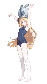 1girl absurdres alternate_costume armpits arms_up blonde_hair blue_one-piece_swimsuit blush breasts closed_mouth collarbone commentary covered_navel feet full_body grey_hat hat highres large_hat loli long_hair looking_at_viewer nonddu norma_hollowell old_school_swimsuit one-piece_swimsuit purple_eyes school_swimsuit see-through_clothes see-through_legwear see-through_thighhighs sideboob simple_background small_breasts solo standing swimsuit thighhighs thighs toenails toes untranslatable_commentary very_long_hair white_background white_thighhighs zenless_zone_zero zettai_ryouiki