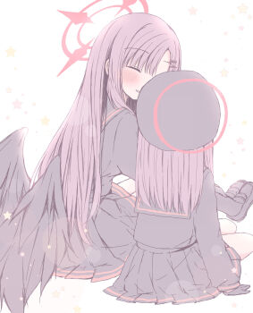 2girls beret black_gloves black_hair black_hat black_sailor_collar black_serafuku black_shirt black_shoes black_skirt black_socks black_wings blue_archive blush closed_eyes commentary_request facing_another from_behind gloves halo hat highres ichika_(blue_archive) justice_task_force_member_(blue_archive) kasuga_sunao loafers long_hair long_sleeves low_wings multiple_girls pale_color pleated_skirt red_halo sailor_collar school_uniform serafuku shirt shoes sitting skirt socks star_(symbol) straight_hair white_background wings