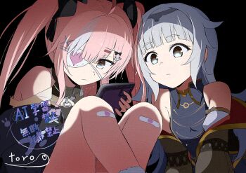 2girls azur_lane bandaid bandaid_on_knee bandaid_on_leg bare_shoulders black_ribbon cellphone closed_mouth commentary_request eyepatch grey_eyes grey_hair hair_ornament hair_ribbon hairclip heart heart_eyepatch holding holding_phone knees_up looking_at_phone multicolored_hair multiple_girls phone pink_hair ribbon siblings signature sisters sitting smartphone toro_yurei twintails watermark white_hair white_streaks z46_(azur_lane) z47_(azur_lane)
