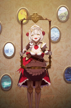 1girl absurdres armored_boots blush boots brown_background commentary_request gauntlets genshin_impact grey_hair highres holding holding_picture_frame maid noelle_(genshin_impact) open_mouth picture_frame popopo_(popopo5656) short_hair solo yellow_eyes