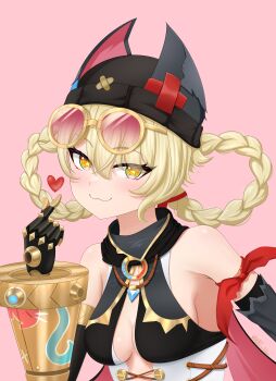 1girl :3 absurdres bare_shoulders black_hat blonde_hair blush braid braided_hair_rings breasts commentary eyewear_on_head genshin_impact hair_rings hand_up hat heart highres jahoda_(genshin_impact) looking_at_viewer nights_viper pink_background short_hair simple_background small_breasts smile solo sunglasses upper_body yellow_eyes