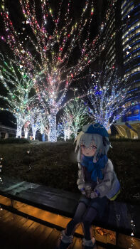 1boy absurdres arknights beret blue_hat can hat highres holding holding_can jacket looking_at_viewer male_focus mizuki_(arknights) open_mouth outdoors photo_background purple_eyes riu_kawano sitting sketch solo white_jacket